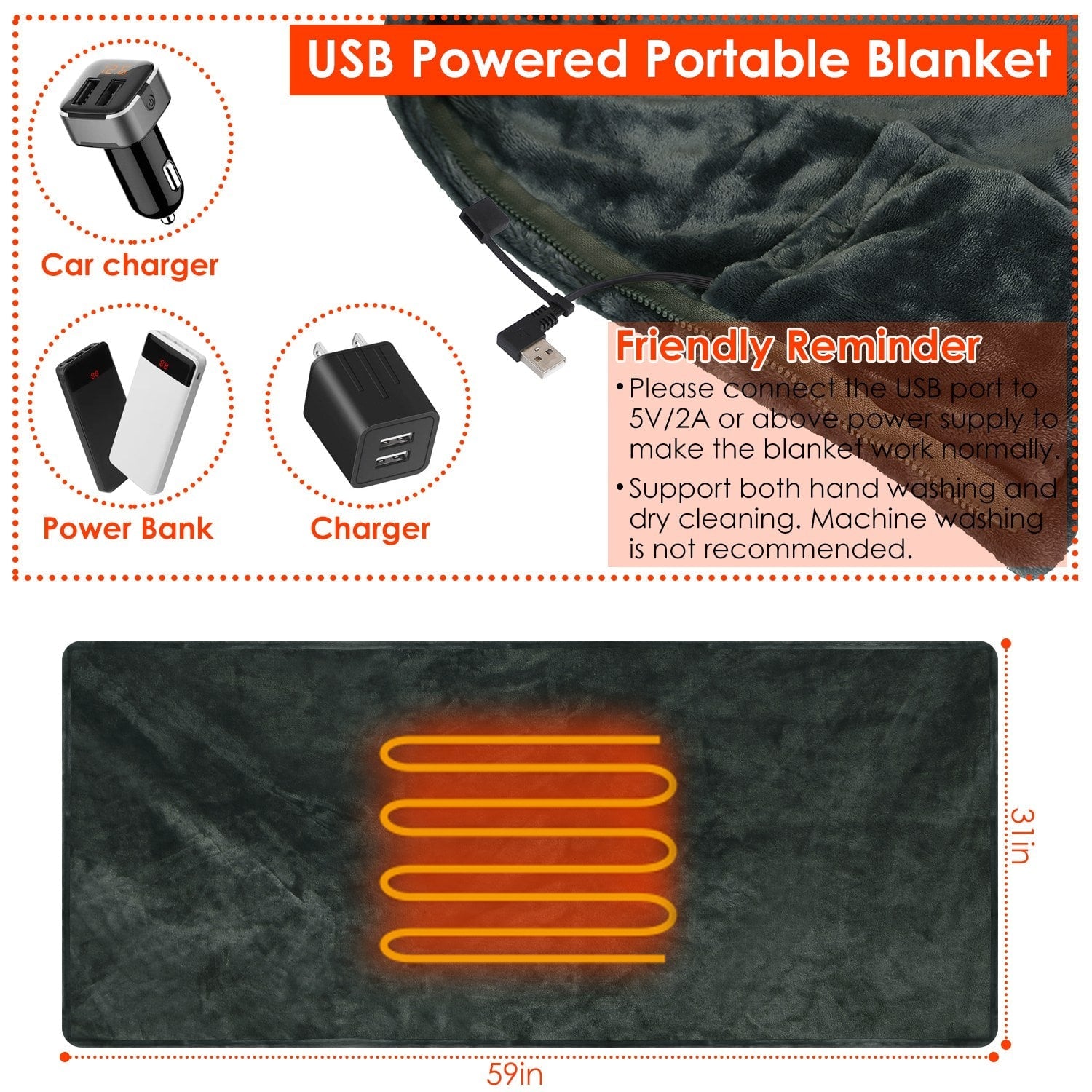 Châle de couverture chauffante avec jet électrique, poncho portable alimenté par USB avec fermeture éclair et poche interne