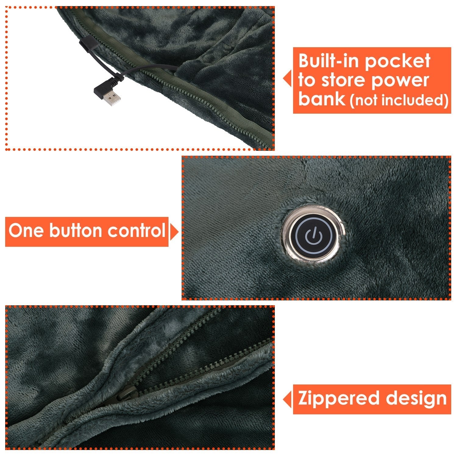 Châle de couverture chauffante avec jet électrique, poncho portable alimenté par USB avec fermeture éclair et poche interne