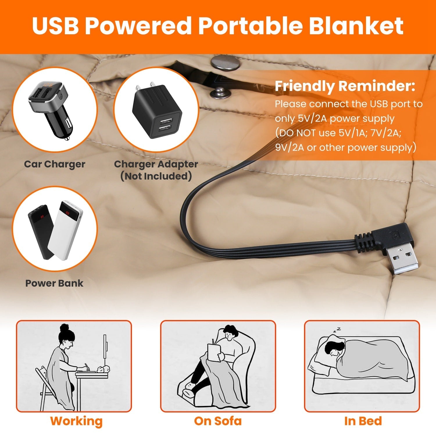 Couverture chauffante avec contrôle USB, 6 zones de chauffage, double interrupteur et trous pour bras zippés