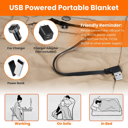 Couverture chauffante avec contrôle USB, 6 zones de chauffage, double interrupteur et trous pour bras zippés