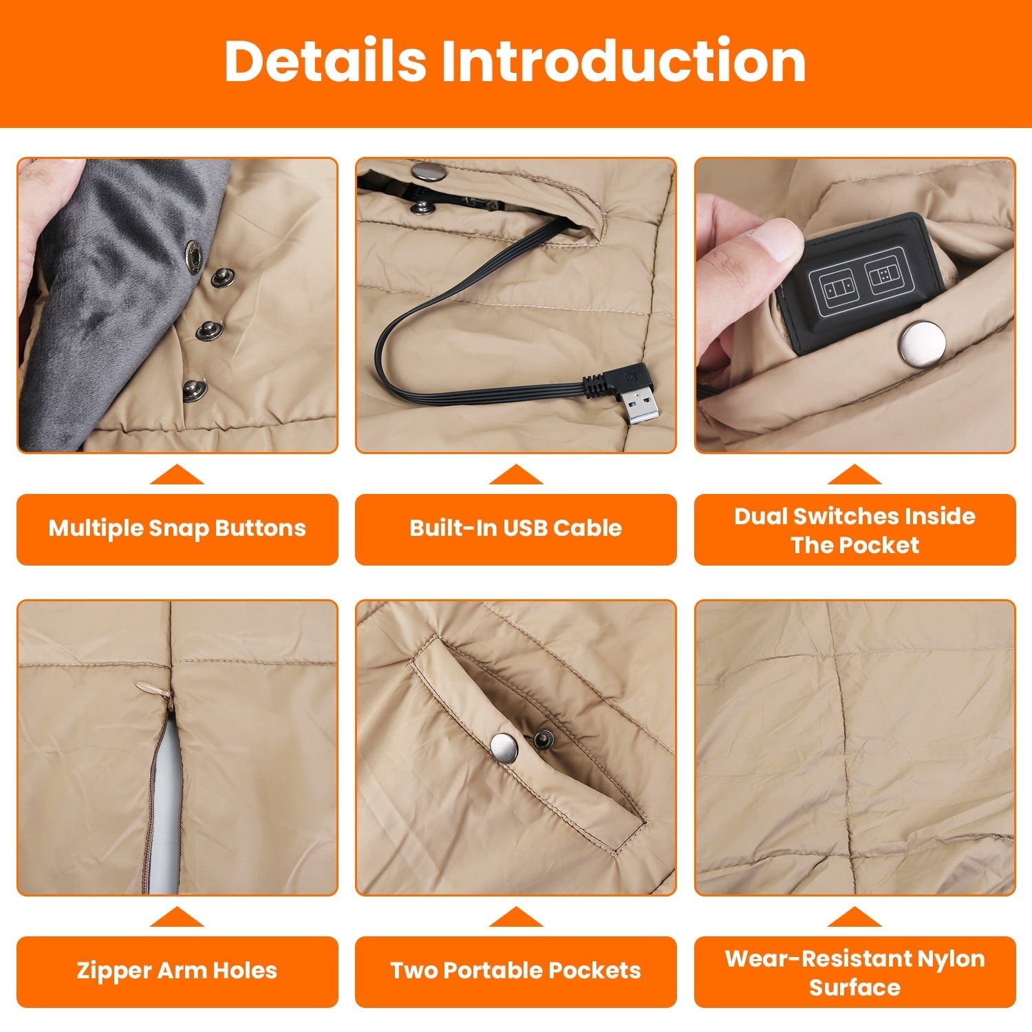 Couverture chauffante avec contrôle USB, 6 zones de chauffage, double interrupteur et trous pour bras zippés