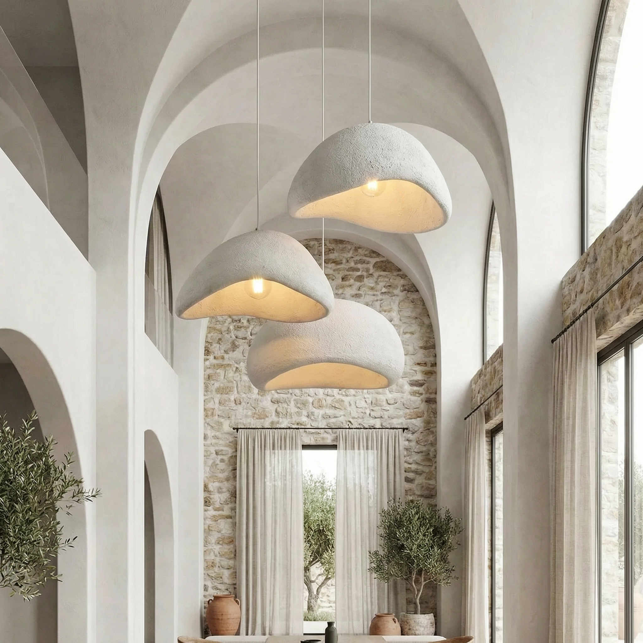 Lampe suspendue minimaliste avec texture naturelle et lumière d'ambiance chaleureuse pour salle à manger et salon | Sansotis