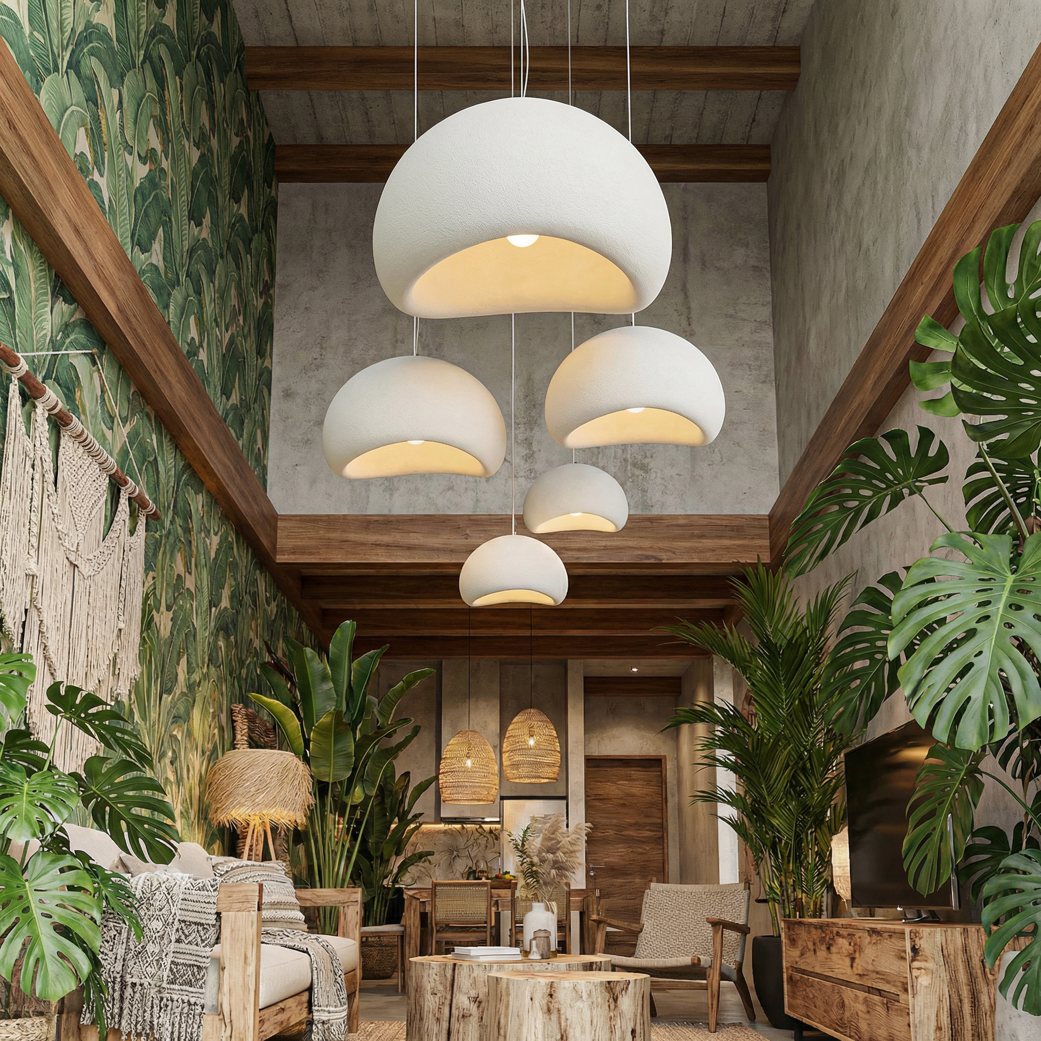 Lampe suspendue minimaliste avec texture naturelle et lumière d'ambiance chaleureuse pour salle à manger et salon | Sansotis