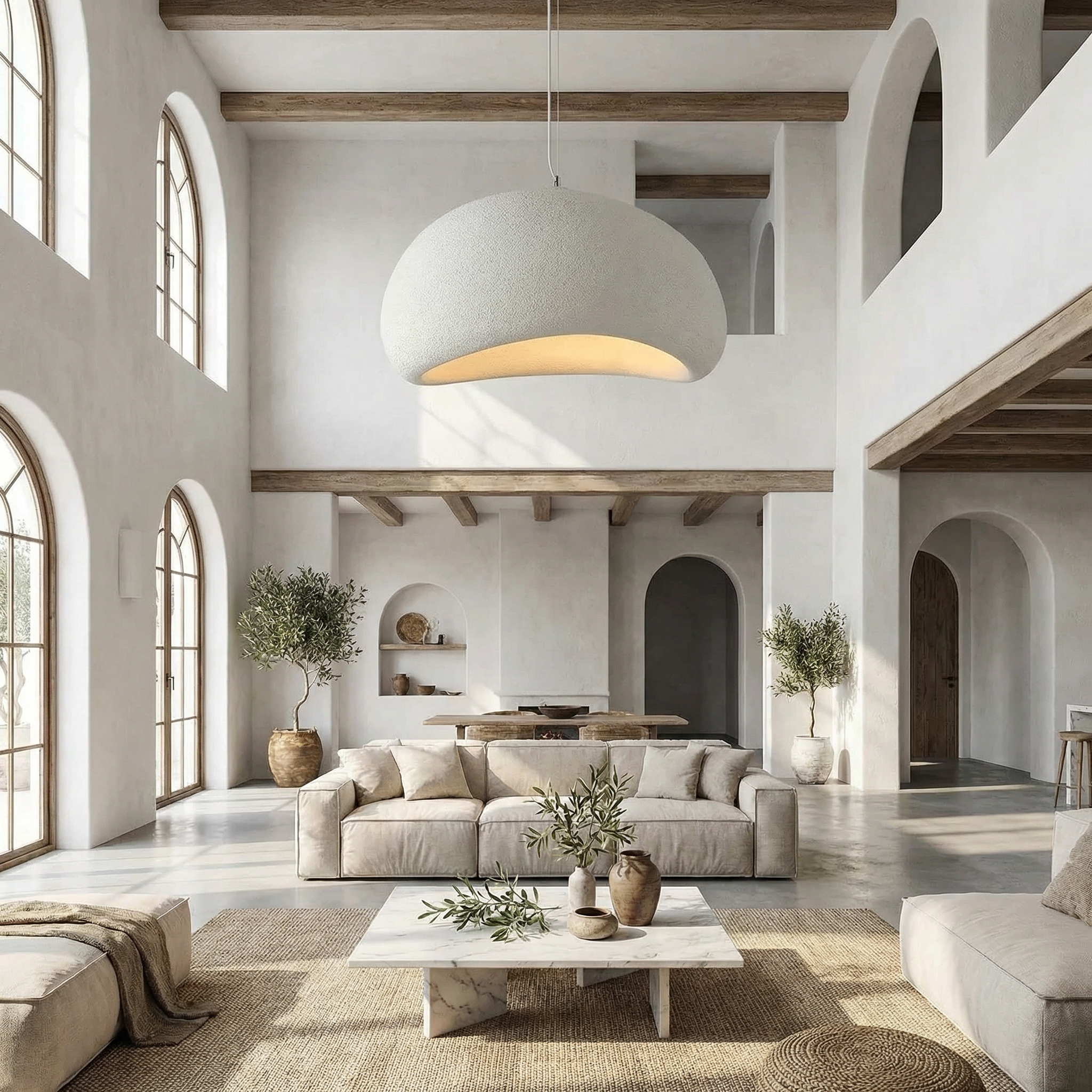 Lampe suspendue minimaliste avec texture naturelle et lumière d'ambiance chaleureuse pour salle à manger et salon | Sansotis