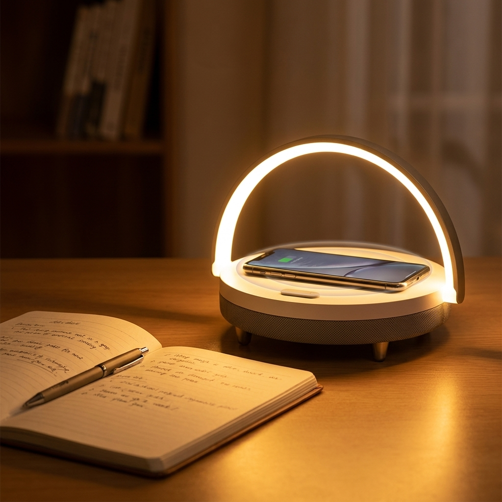Lampe de Bureau LED avec Haut-Parleur Bluetooth et Chargeur Sans Fil - Bluetooth 5.0 - Chargement Qi 10W - Blanc