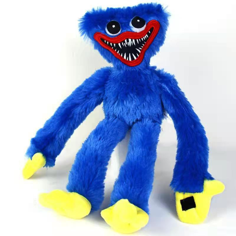 Jouet en peluche Huggy Wuggy bleu sur fond blanc