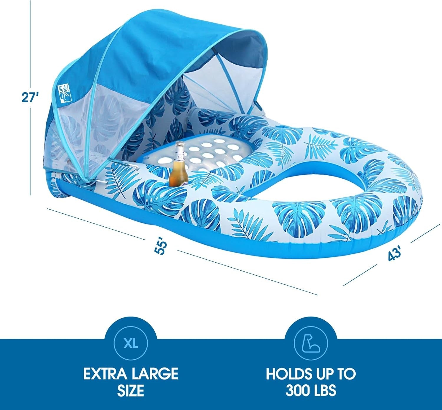 Chaise longue gonflable de piscine avec auvent pare-soleil, porte-gobelets, dossier et repose-pieds pour adultes, à haute résistance