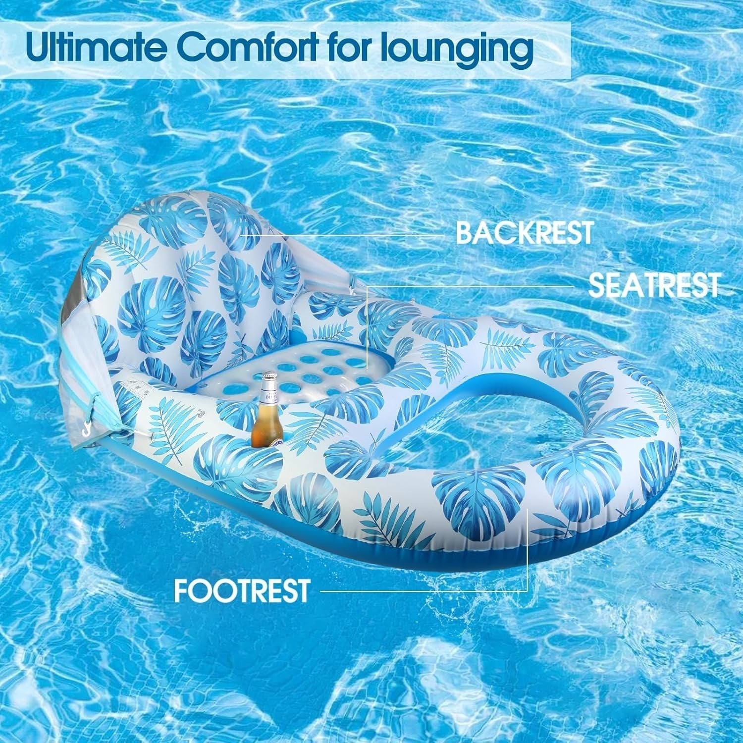 Chaise longue gonflable de piscine avec auvent pare-soleil, porte-gobelets, dossier et repose-pieds pour adultes, à haute résistance