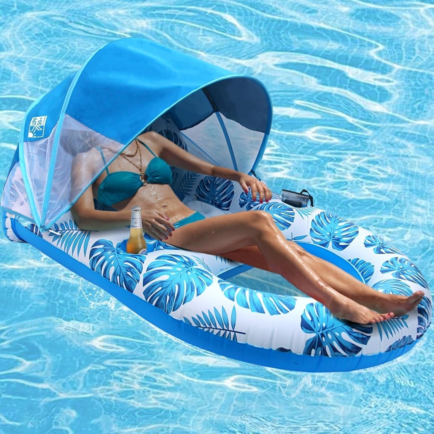 Chaise longue gonflable de piscine avec auvent pare-soleil, porte-gobelets, dossier et repose-pieds pour adultes, à haute résistance