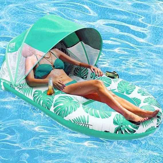 Chaise longue gonflable de piscine avec auvent pare-soleil, porte-gobelets, dossier et repose-pieds pour adultes, à haute résistance