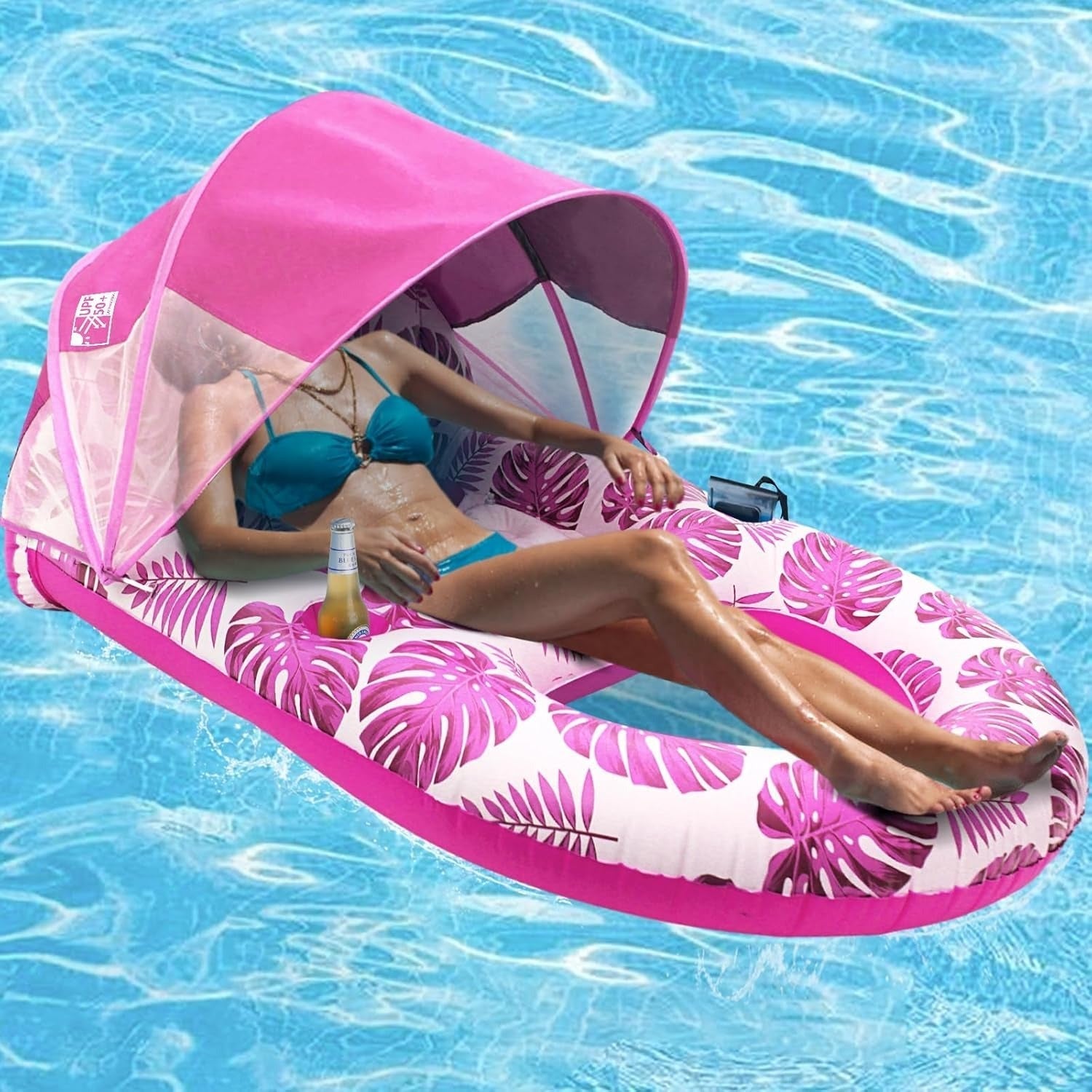 Chaise longue gonflable de piscine avec auvent pare-soleil, porte-gobelets, dossier et repose-pieds pour adultes, à haute résistance