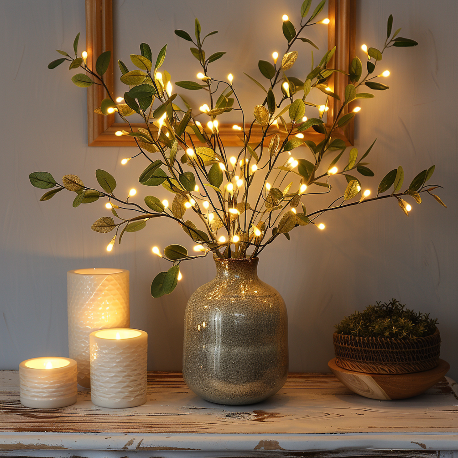 Branche lumineuse Branche d'olivier LED Blanc chaud 70 cm 120 lumières Éclairage d'ambiance Branche décorative Guirlande lumineuse Salon Chambre Batterie Noël Nature