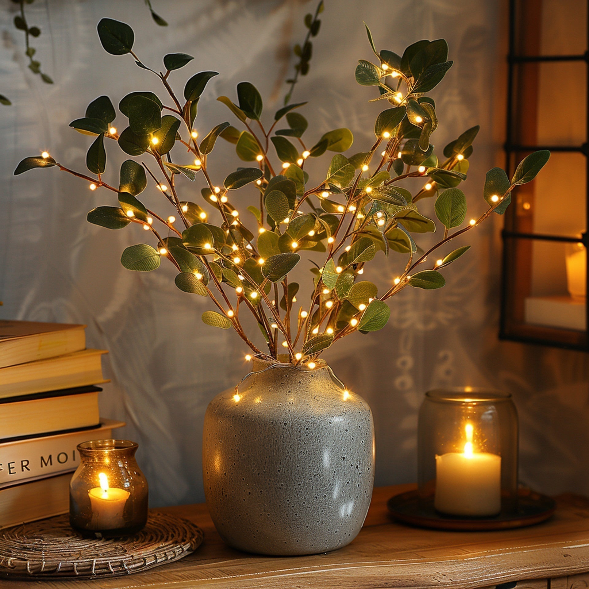 Branche lumineuse Branche d'olivier LED Blanc chaud 70 cm 120 lumières Éclairage d'ambiance Branche décorative Guirlande lumineuse Salon Chambre Batterie Noël Nature