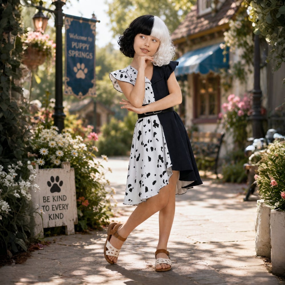 Costume d'Halloween pour enfants pour Cruella De Vil avec tenue de cosplay de personnage de cape et de perruque