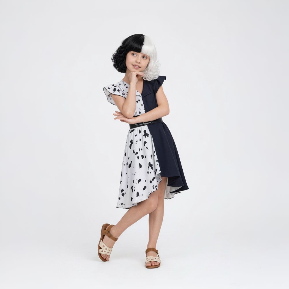 Costume d'Halloween pour enfants pour Cruella De Vil avec tenue de cosplay de personnage de cape et de perruque