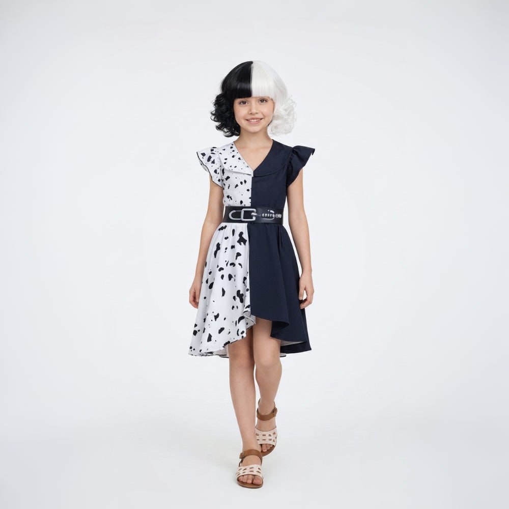 Costume d'Halloween pour enfants pour Cruella De Vil avec tenue de cosplay de personnage de cape et de perruque
