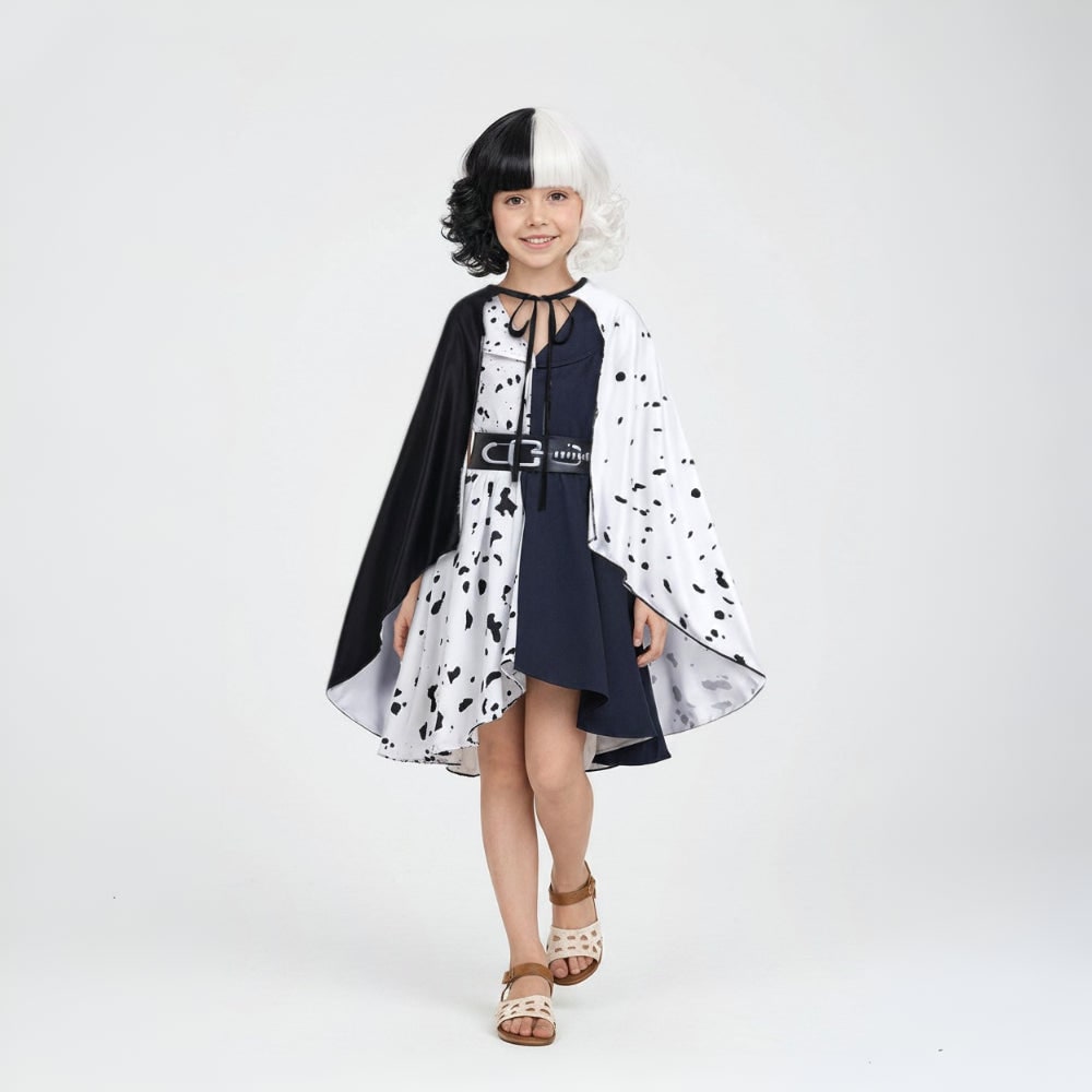 Costume d'Halloween pour enfants pour Cruella De Vil avec tenue de cosplay de personnage de cape et de perruque