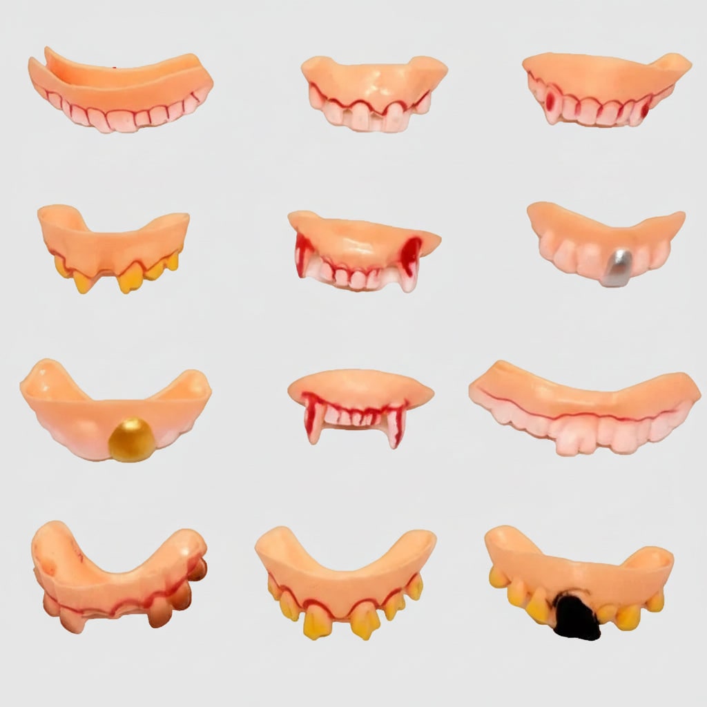 Costume de vampire avec fausses dents partielles d'Halloween pour enfants, avec ligne de gomme moulée et détails sanglants pour fête