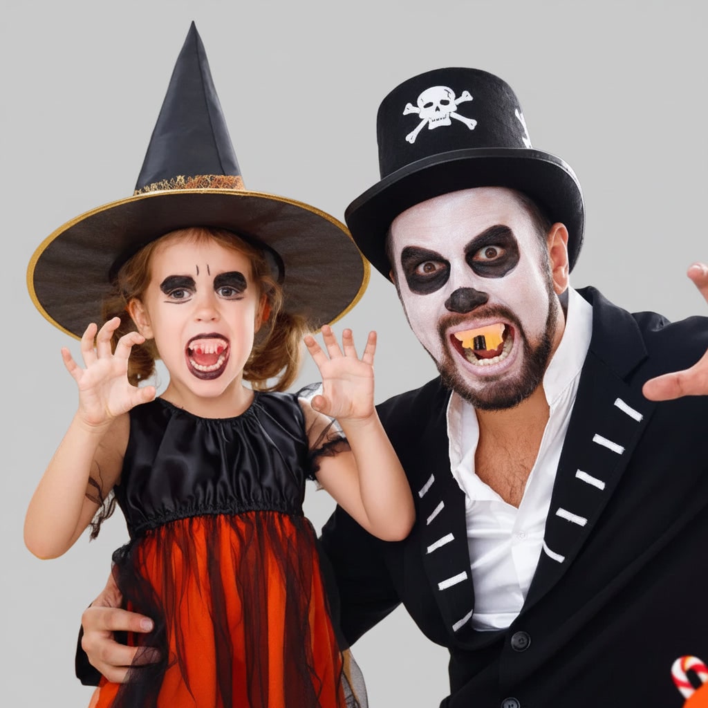 Costume de vampire avec fausses dents partielles d'Halloween pour enfants, avec ligne de gomme moulée et détails sanglants pour fête