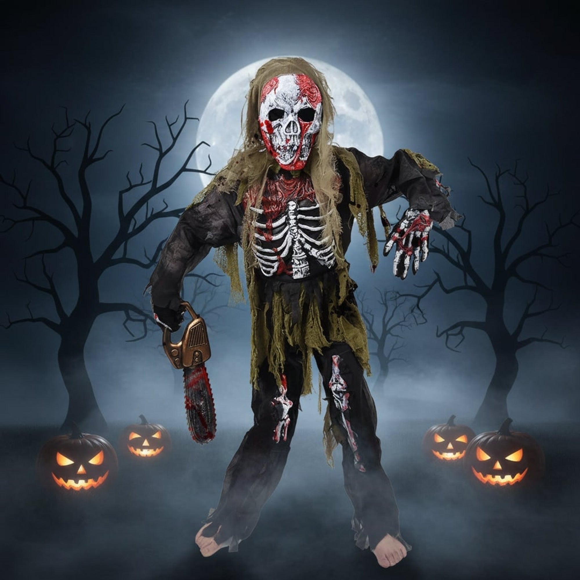Costume d'Halloween squelette de zombie avec un design authentiquement effrayant et un ensemble complet de trois pièces