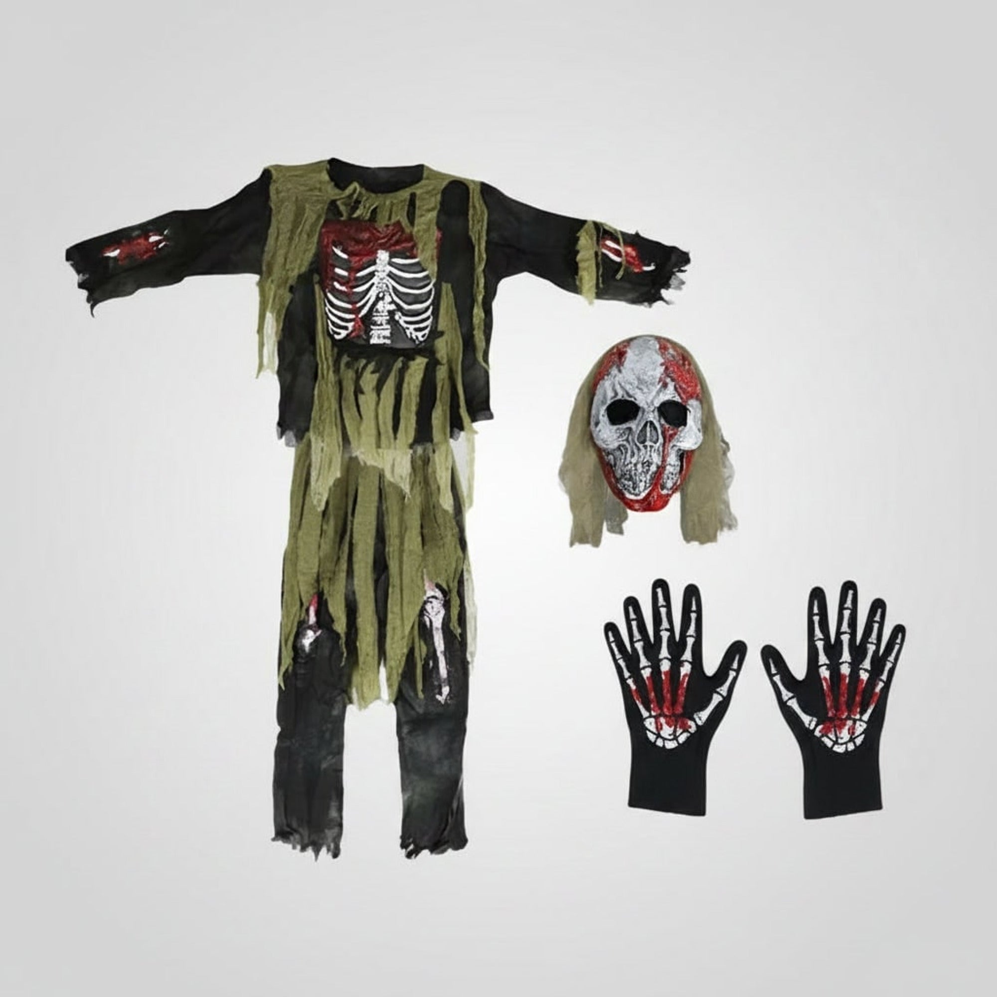 Costume d'Halloween squelette de zombie avec un design authentiquement effrayant et un ensemble complet de trois pièces