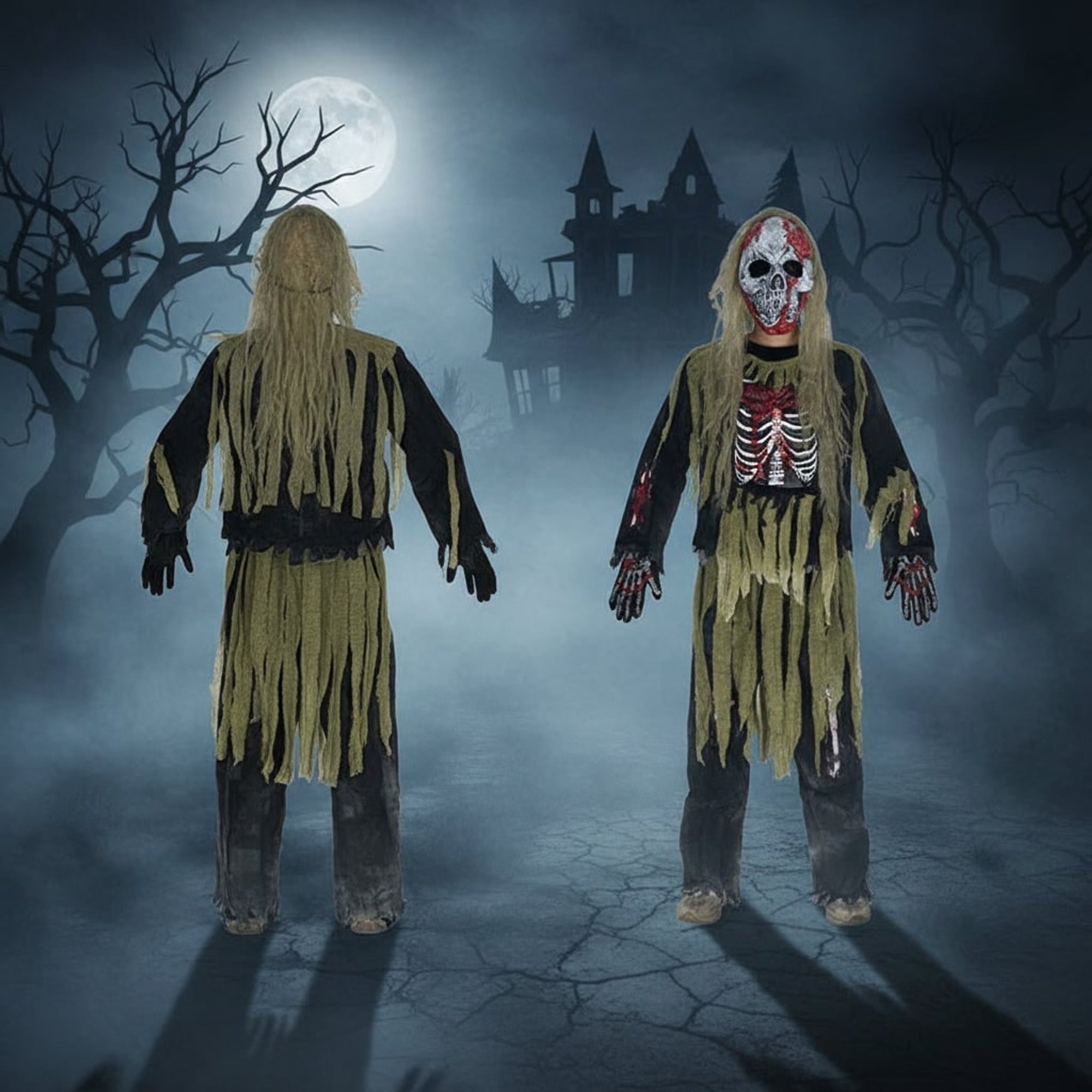 Costume d'Halloween squelette de zombie avec un design authentiquement effrayant et un ensemble complet de trois pièces