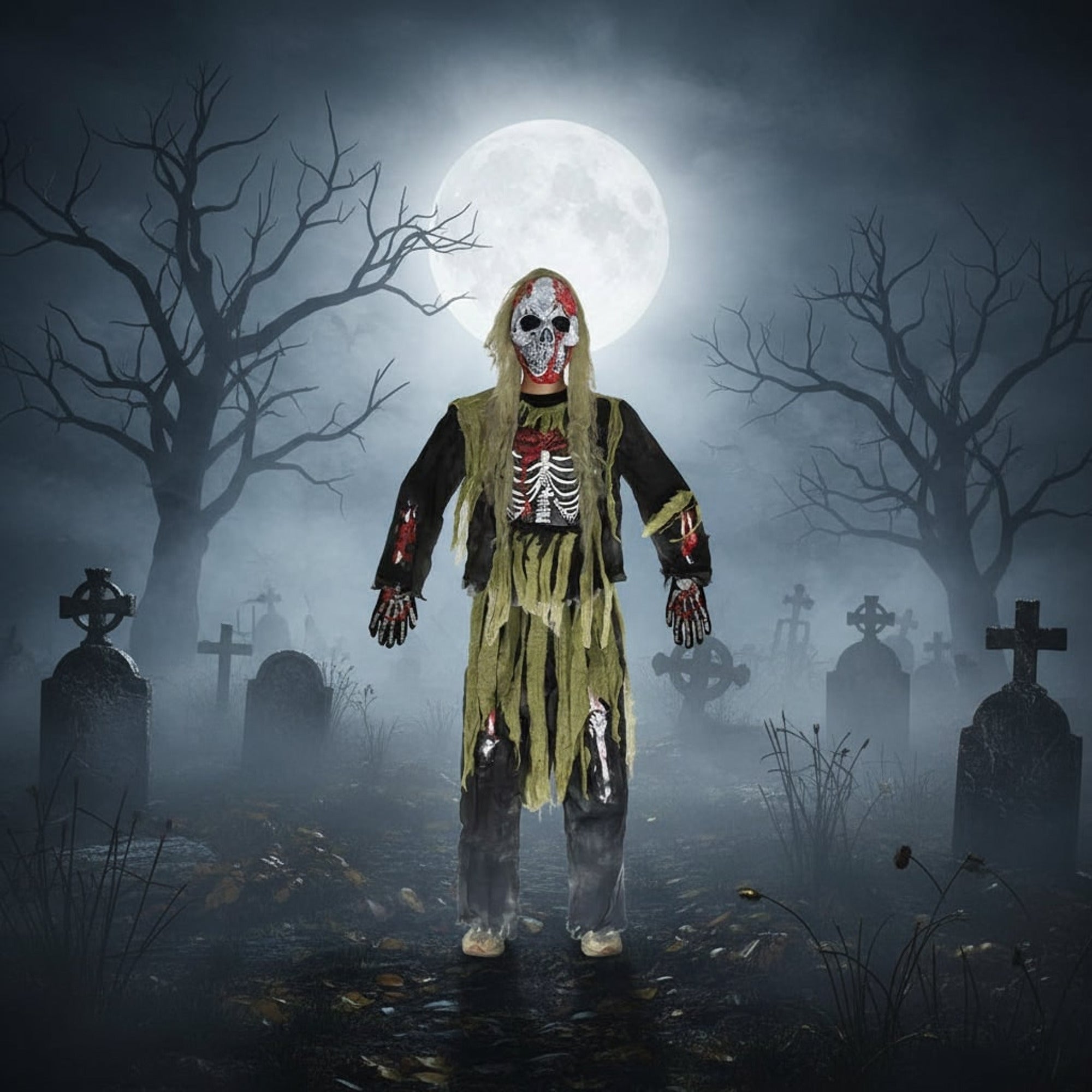 Costume d'Halloween squelette de zombie avec un design authentiquement effrayant et un ensemble complet de trois pièces