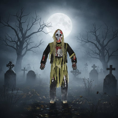 Costume d'Halloween squelette de zombie avec un design authentiquement effrayant et un ensemble complet de trois pièces