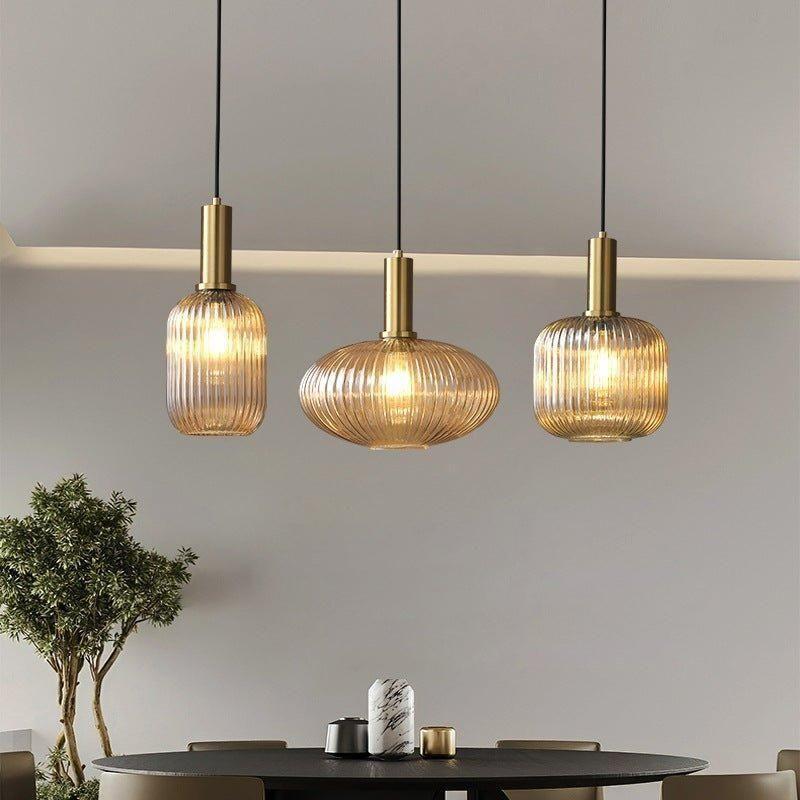 Lampe à Suspension Verre Nervuré Vintage 1 Lumière Or E27 | Sansotis