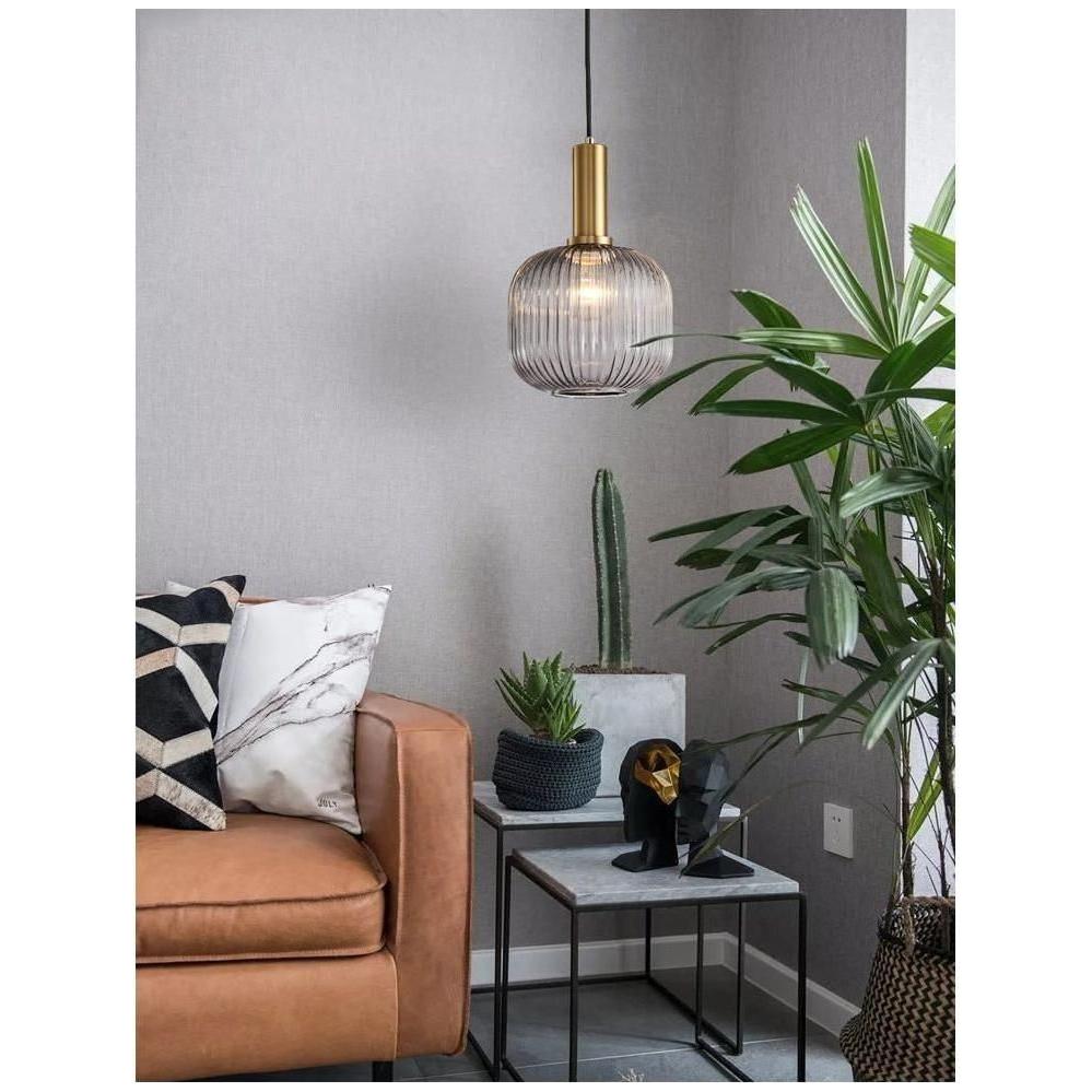 Lampe à Suspension Verre Nervuré Vintage 1 Lumière Or E27 | Sansotis