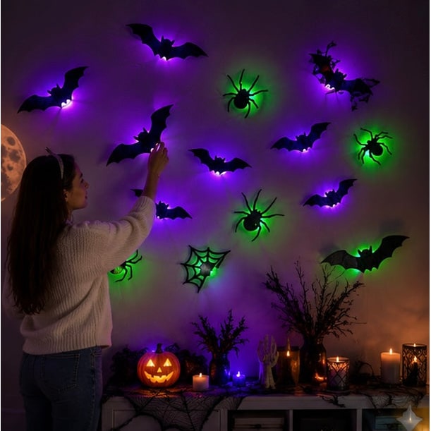 Autocollants de décoration murale d'Halloween à LED avec un design qui brille dans le noir pour un décor de maison hantée intérieure ou extérieure, design de décoration 3D éclairé