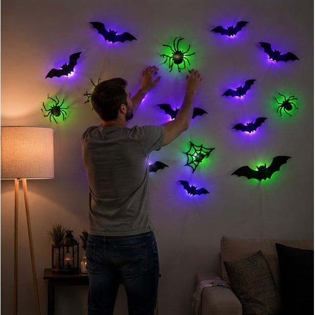 Autocollants de décoration murale d'Halloween à LED avec un design qui brille dans le noir pour un décor de maison hantée intérieure ou extérieure, design de décoration 3D éclairé