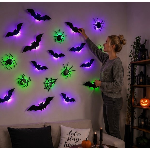 Autocollants de décoration murale d'Halloween à LED avec un design qui brille dans le noir pour un décor de maison hantée intérieure ou extérieure, design de décoration 3D éclairé