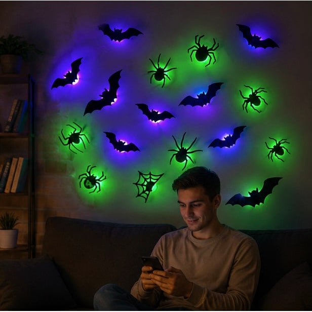 Autocollants de décoration murale d'Halloween à LED avec un design qui brille dans le noir pour un décor de maison hantée intérieure ou extérieure, design de décoration 3D éclairé