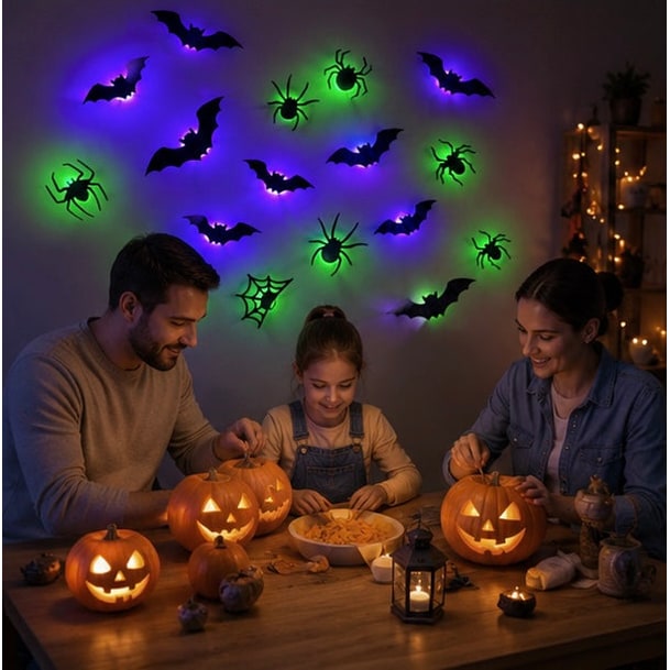 Autocollants de décoration murale d'Halloween à LED avec un design qui brille dans le noir pour un décor de maison hantée intérieure ou extérieure, design de décoration 3D éclairé