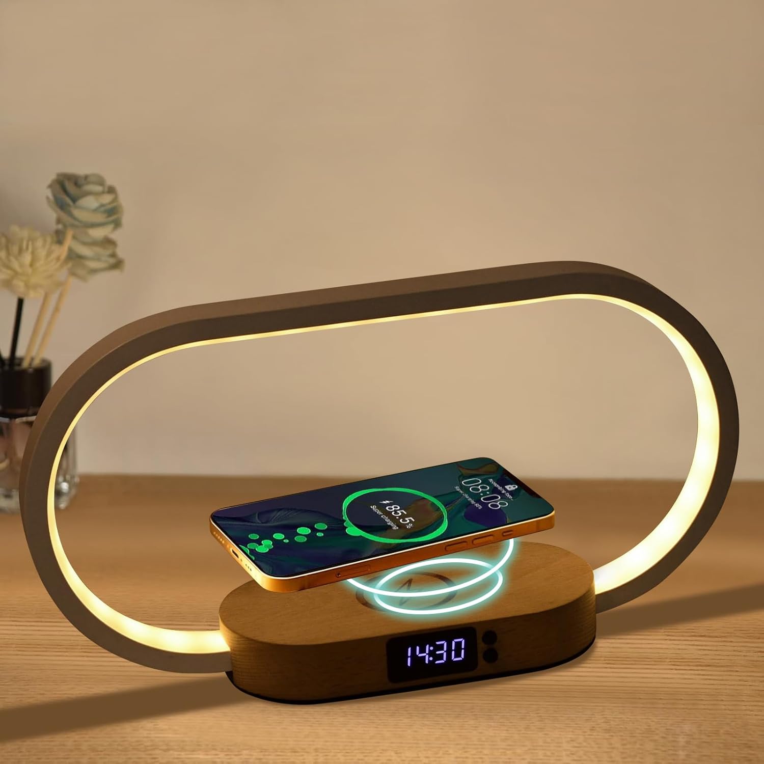 Lampe de chevet à chargement sans fil avec horloge
