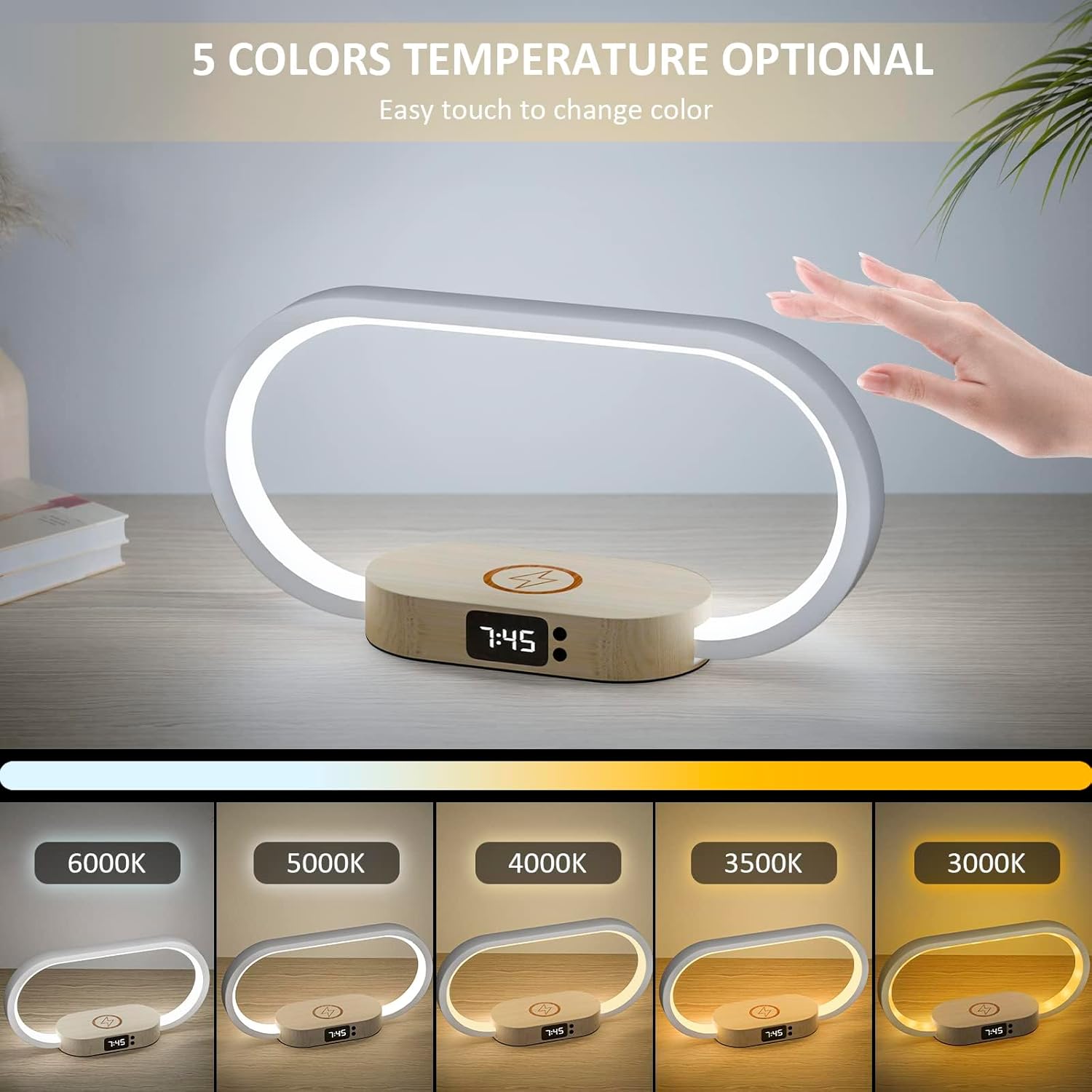 Lampe de chevet à chargement sans fil avec horloge