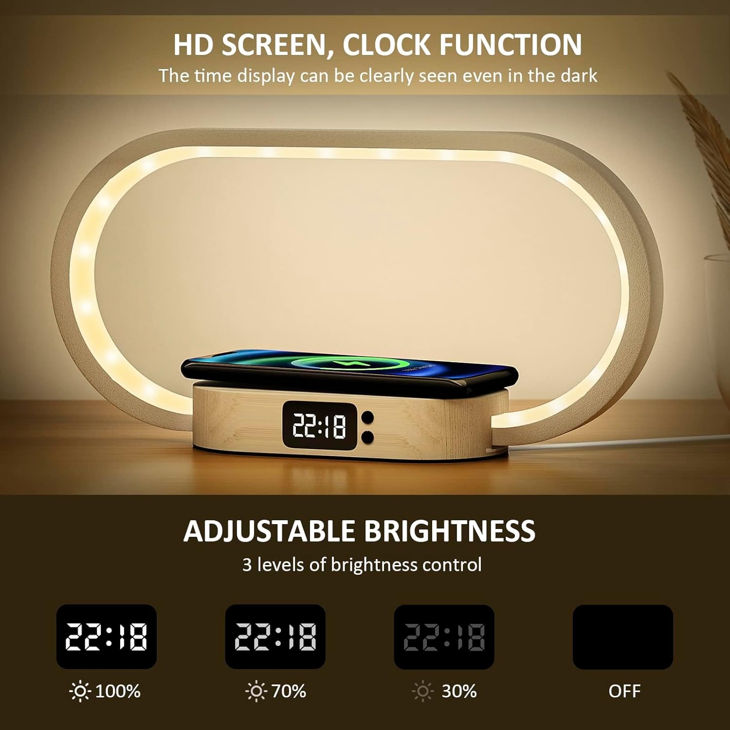 Lampe de chevet à chargement sans fil avec horloge