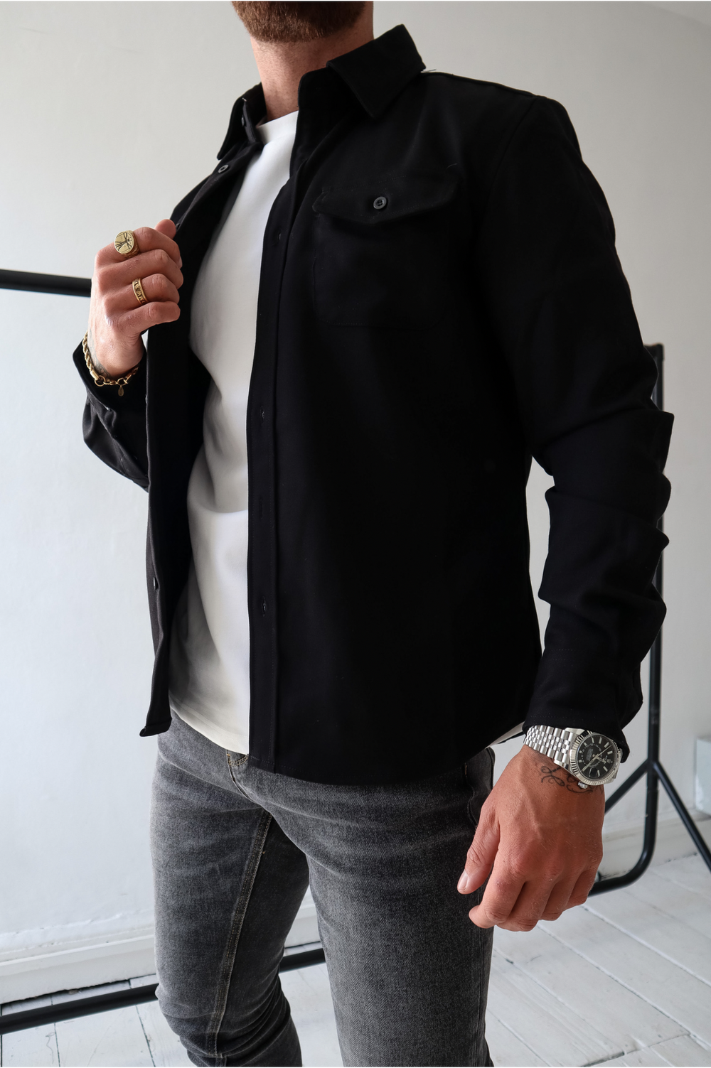 Veste surchemise boutonnée polyvalente pour hommes avec poches poitrine