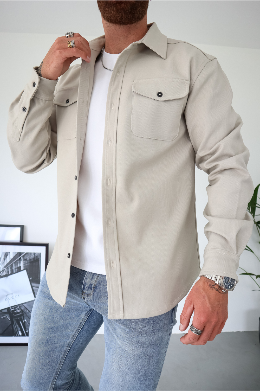 Veste surchemise boutonnée polyvalente pour hommes avec poches poitrine