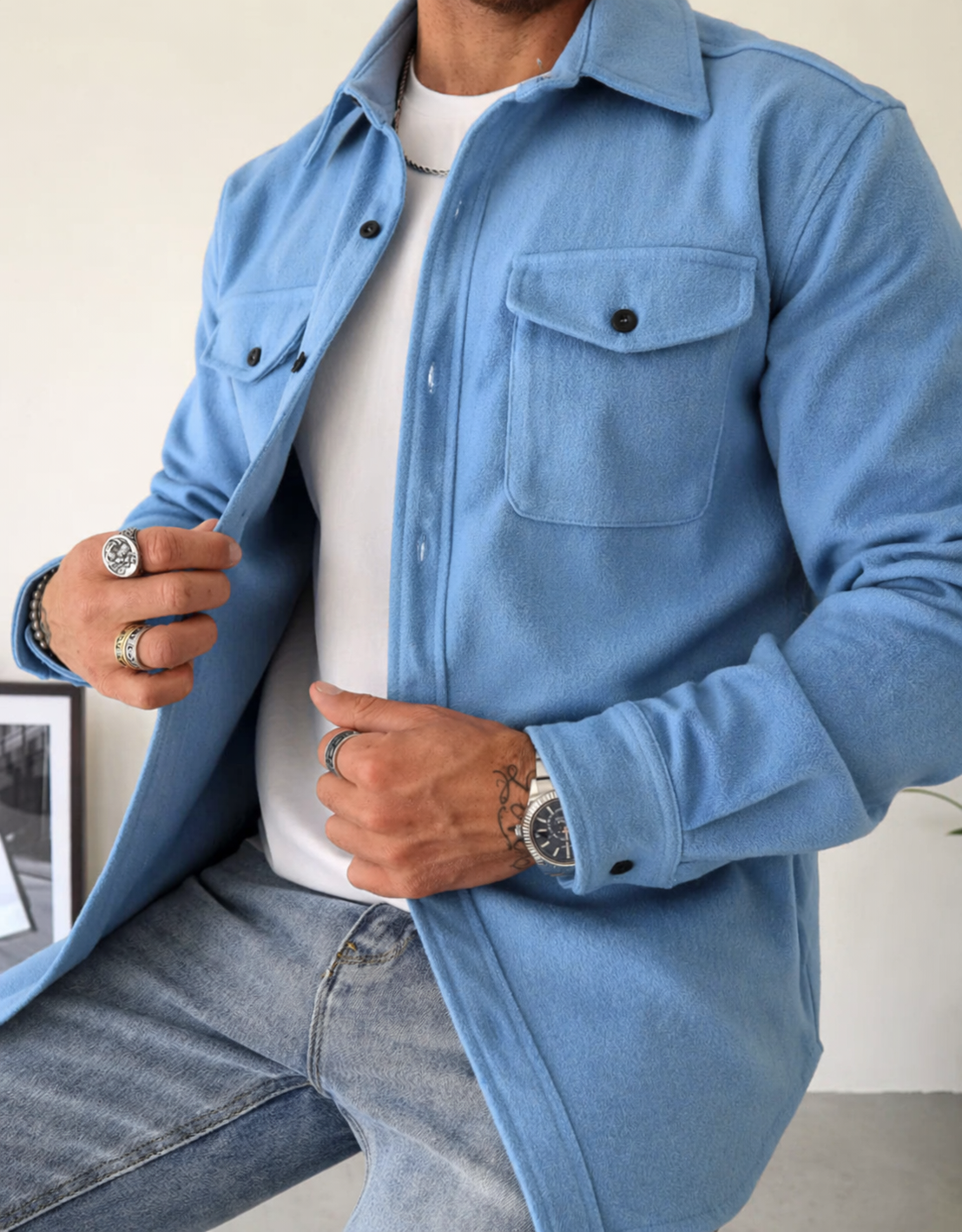 Veste surchemise boutonnée polyvalente pour hommes avec poches poitrine