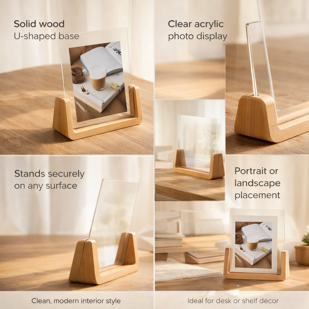 Cadre photo de table moderne en bois massif et acrylique en forme de U