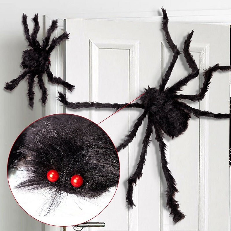Araignée géante d'Halloween, araignée noire poilue avec yeux rouges et pattes pliables, décoration Halloween pour extéri