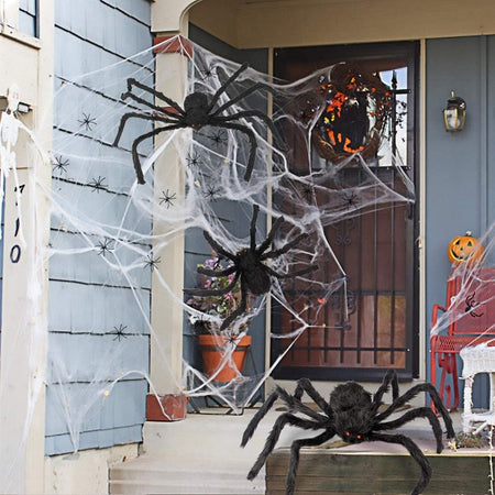 Araignée géante d'Halloween, araignée noire poilue avec yeux rouges et pattes pliables, décoration Halloween pour extéri