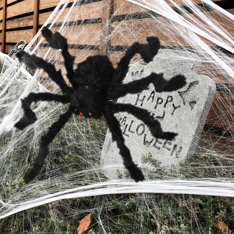 Araignée géante d'Halloween, araignée noire poilue avec yeux rouges et pattes pliables, décoration Halloween pour extéri