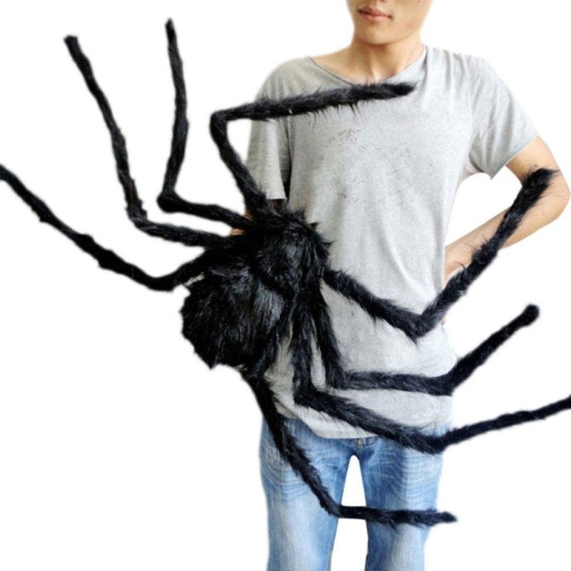 Araignée géante d'Halloween, araignée noire poilue avec yeux rouges et pattes pliables, décoration Halloween pour extéri