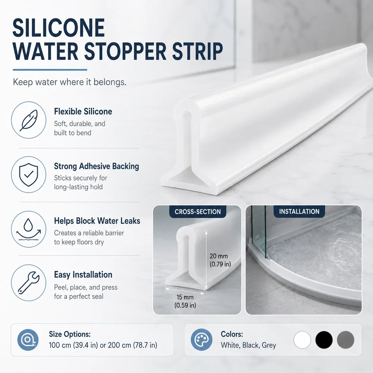 Bande d'arrêt d'eau | Silicone flexible et dos adhésif | 100/200 cm