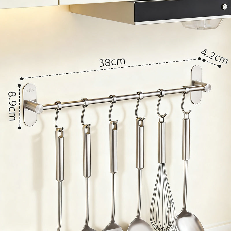 Barre murale en acier inoxydable avec crochets pour ustensiles de cuisine