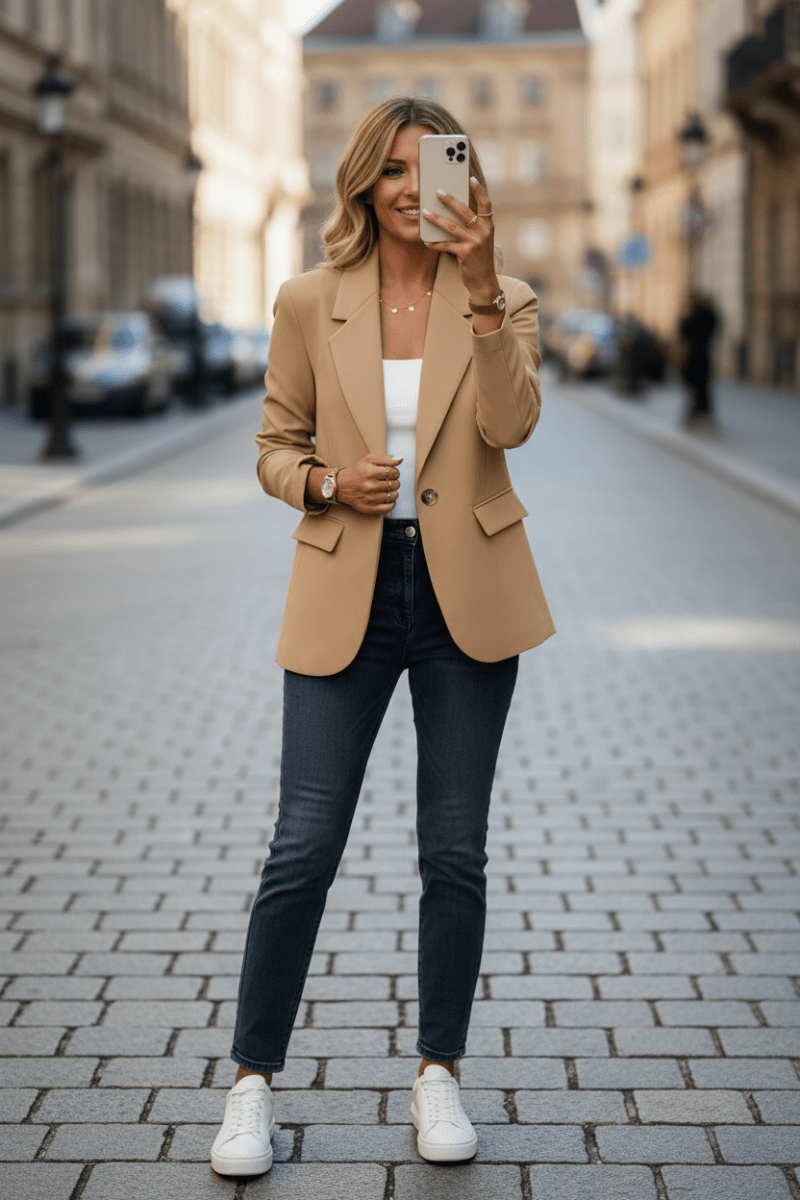 Blazer femme, à simple boutonnage avec revers et poches à rabat, veste élégante coupe décontractée, 6 coloris, tailles S