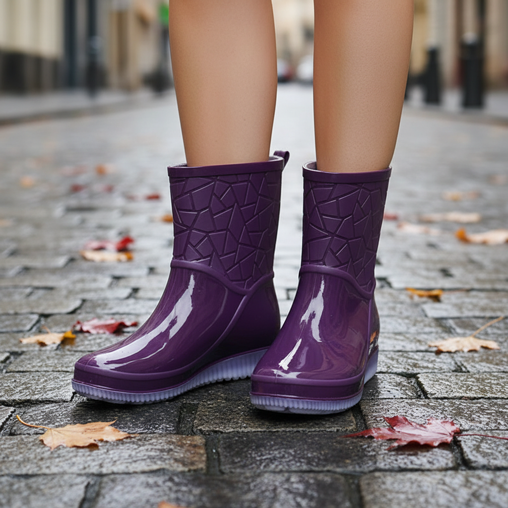 Bottes de pluie femme mi-mollet imperméables avec semelle antidérapante, bottes en caoutchouc brillant avec doublure cha